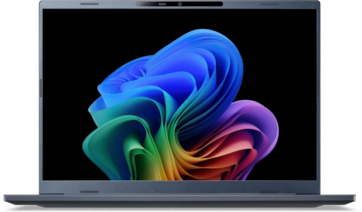 Acer Swift Go 14 AI SFG14-75-58NB фронтальный вид в закрытом положении — тонкий профиль корпуса 15,9 мм, синий цвет