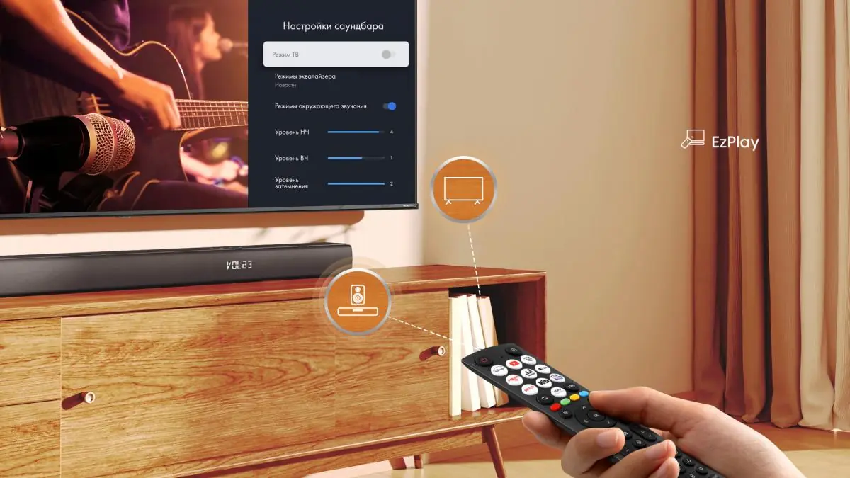 Hisense HS3100 меню настроек на экране телевизора пульт EzPlay управление саундбаром