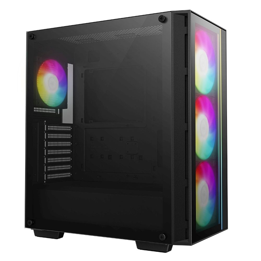 DeepCool Matrexx 55 V4 C фронтальная панель с тремя ARGB-вентиляторами и видом на внутреннюю компоновку