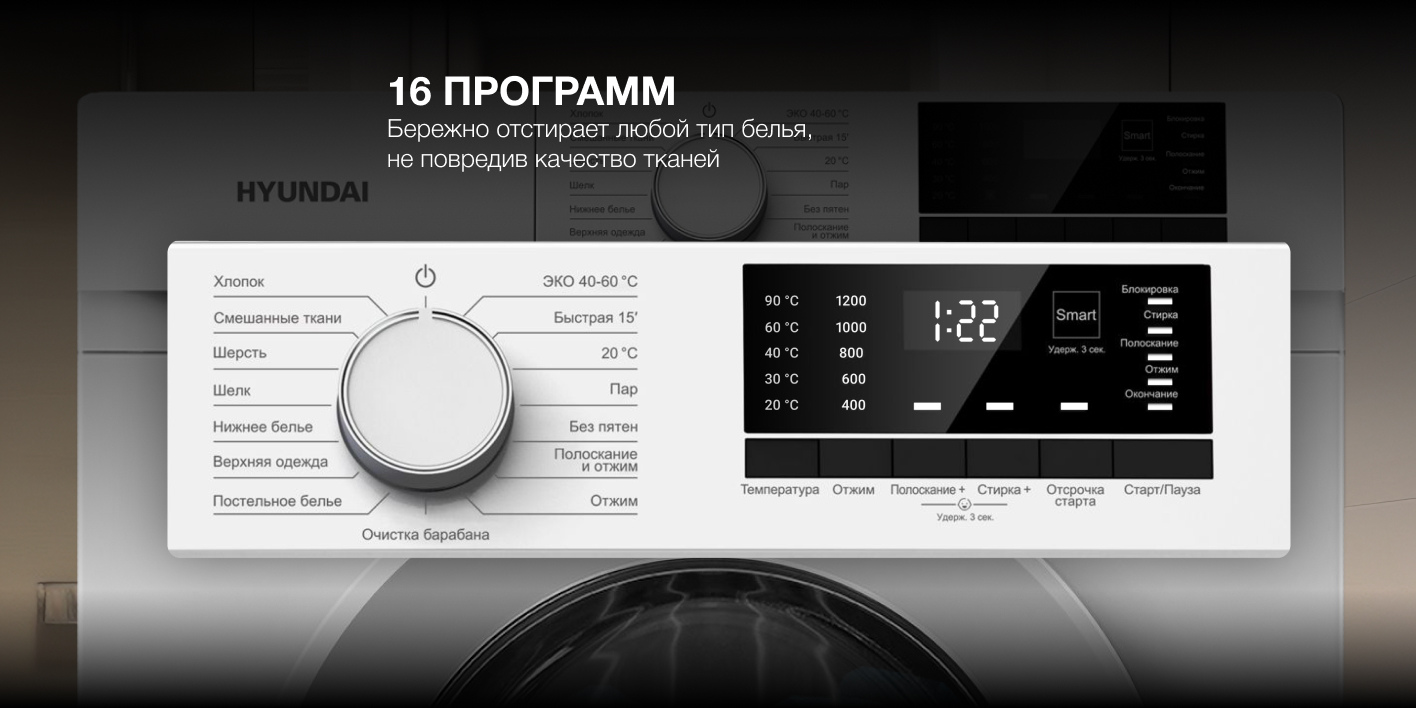 Hyundai WME8201 панель управления — 16 программ стирки, цифровой дисплей, регулятор температуры и отжима