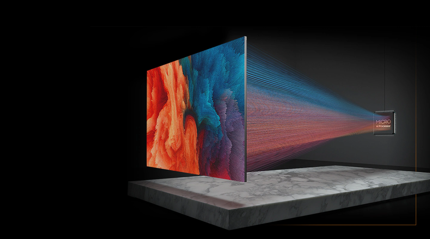 Micro AI Processor which shows Micro AI Processor logo on top, projects red, blue and purple gradient color image onto MICRO LED screen.