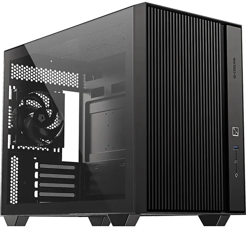 ID-Cooling FLOW 500 с открытой боковой панелью — вентилятор, радиатор и материнская плата внутри