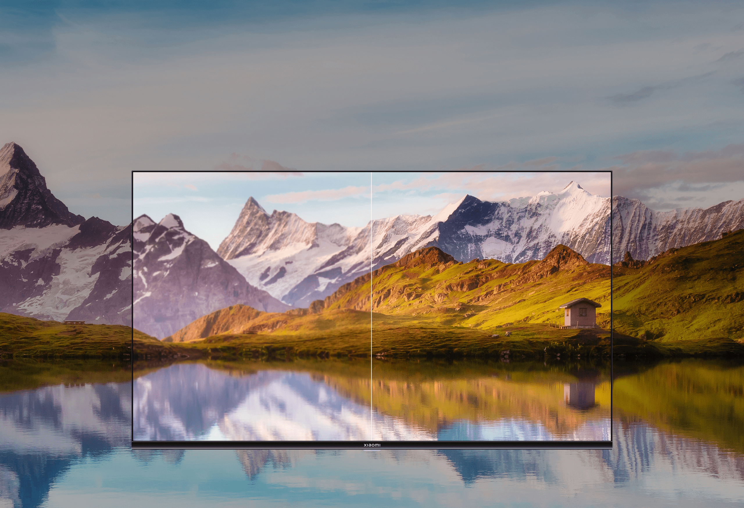 Xiaomi Mi TV A2 55 фронтальный вид, горный пейзаж с озером — демонстрация цветопередачи и контраста IPS-панели