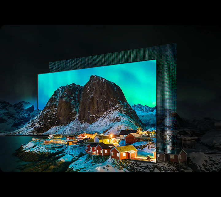 Samsung QE48S85H OLED самосветящиеся пиксели — заснеженная деревня с глубоким чёрным и чистыми белыми тонами