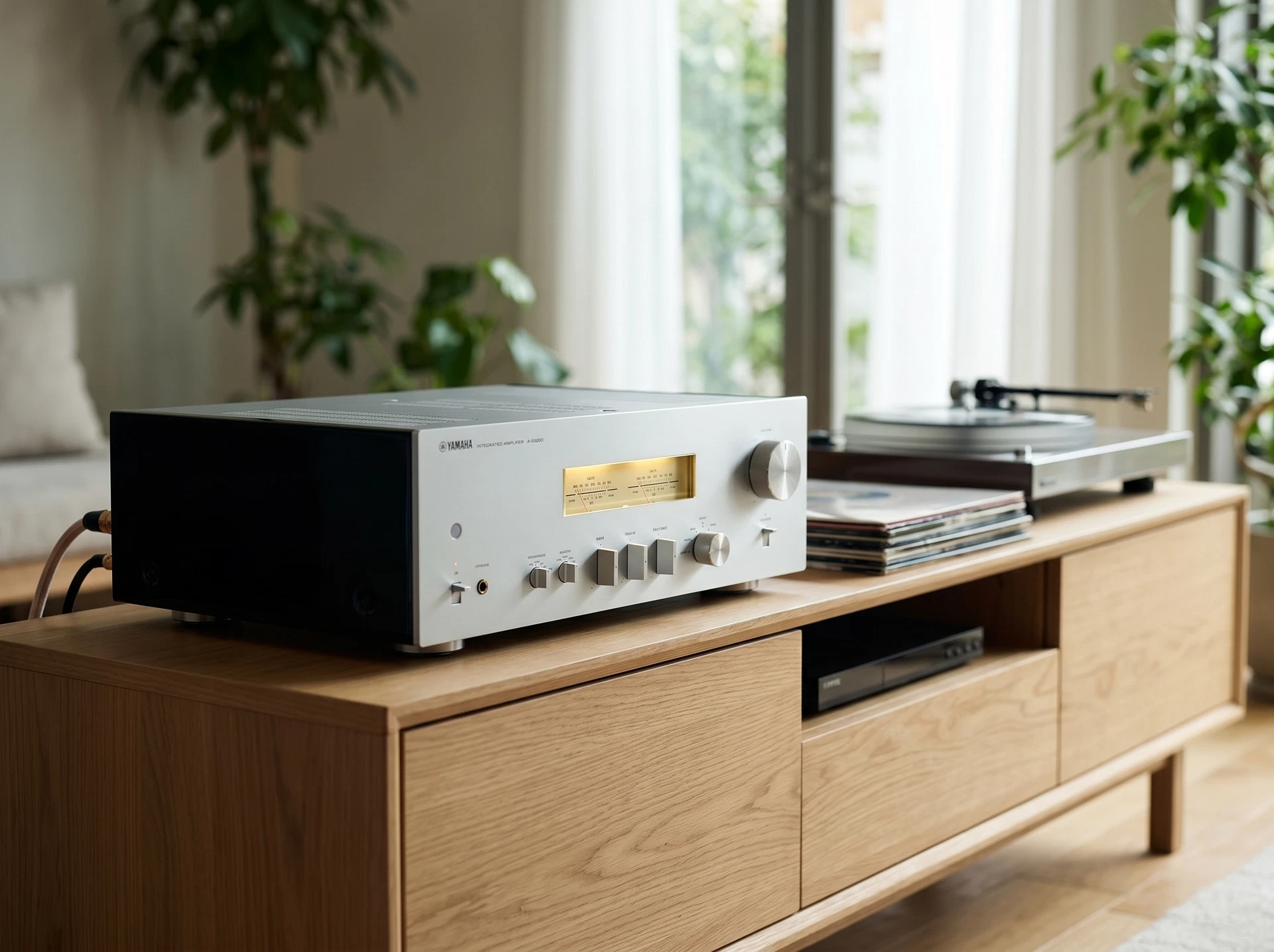 Yamaha A-S1200 Silver в Hi-Fi-системе с виниловым проигрывателем в интерьере