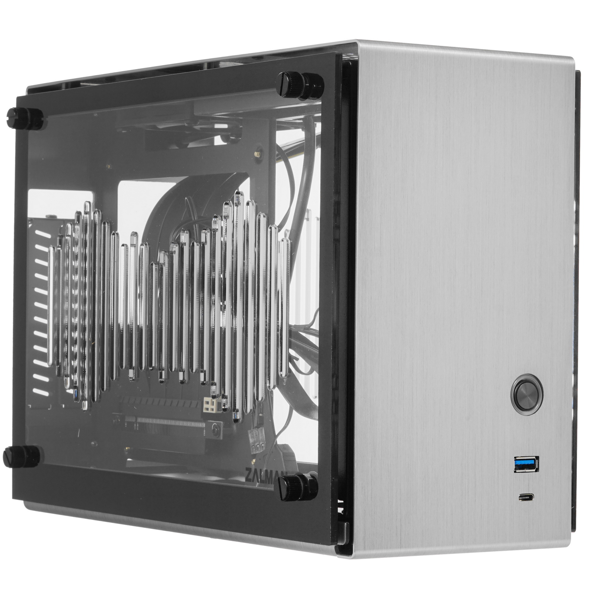 Zalman M2 mini Silver боковой вид с открытой панелью и алюминиевым корпусом