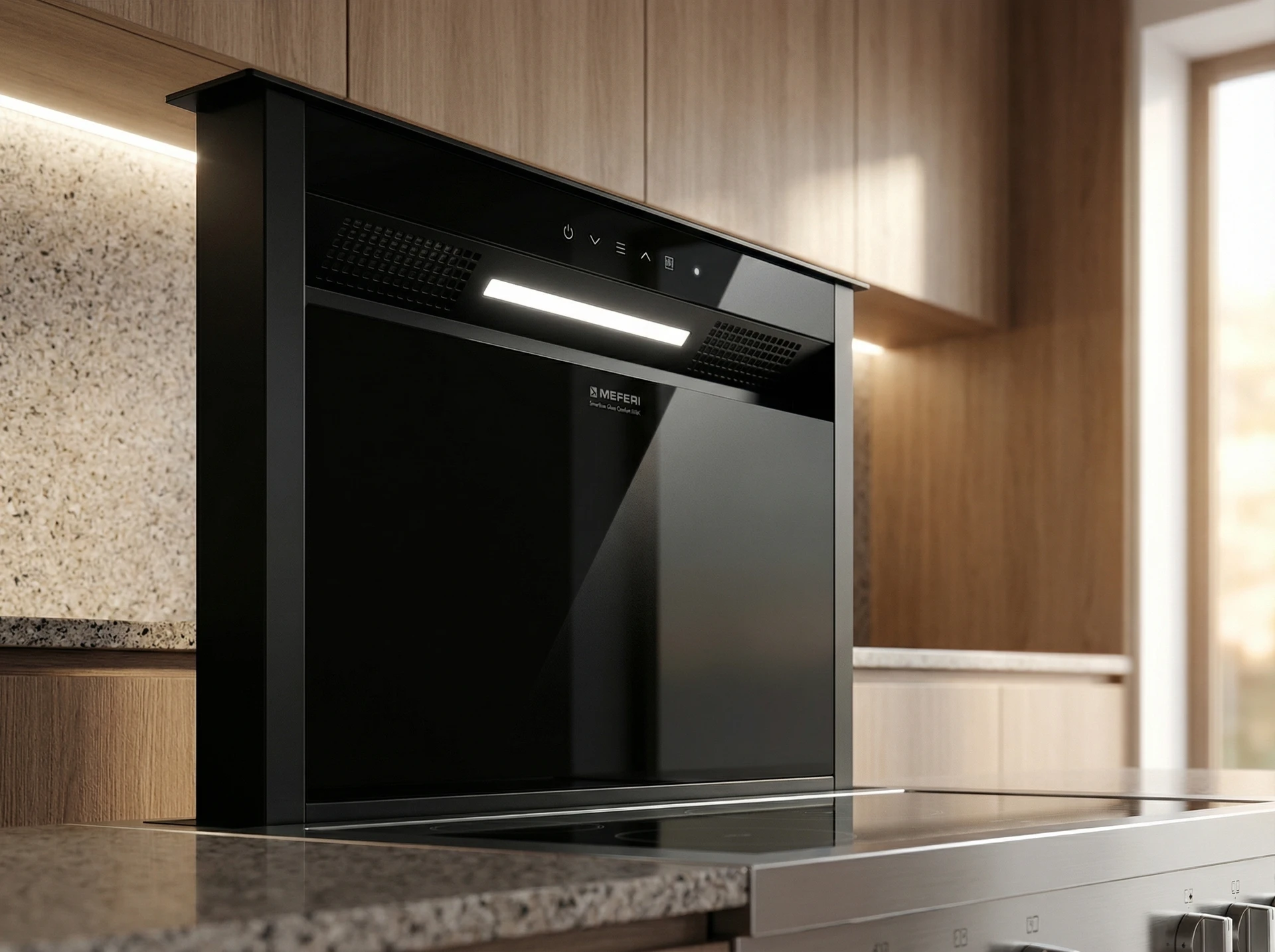 Meferi Smartbox Glass Comfort 60BK в интерьере кухни — встраиваемая вытяжка скрыта в шкафу