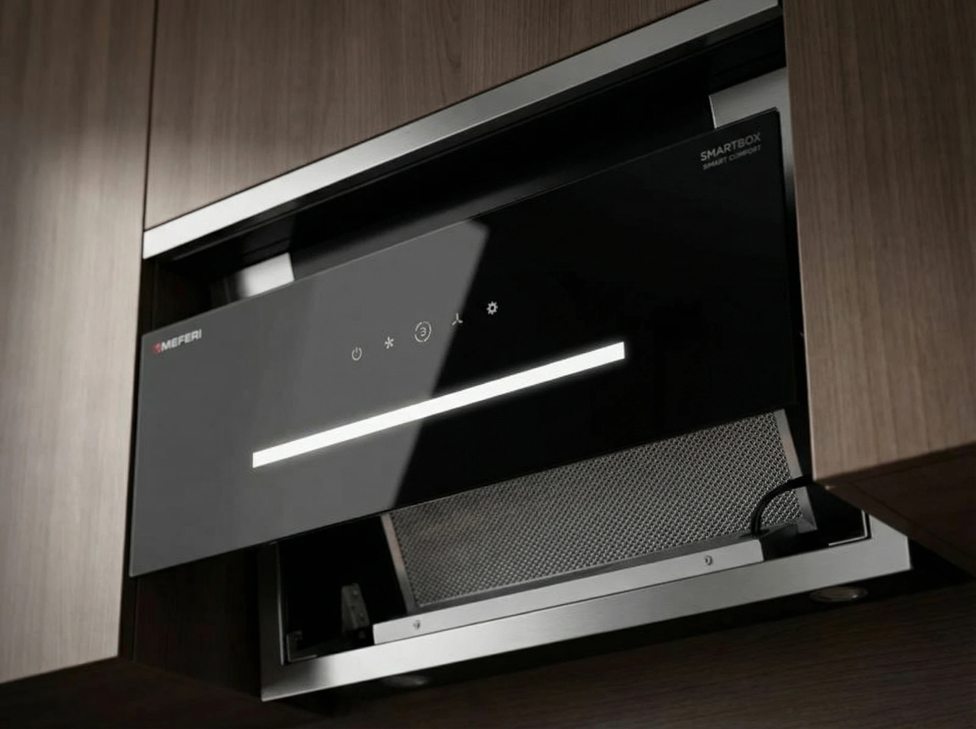 Meferi Smartbox Glass Comfort 60BK в интерьере кухни — скрытая встройка в гарнитур, аккуратный вид
