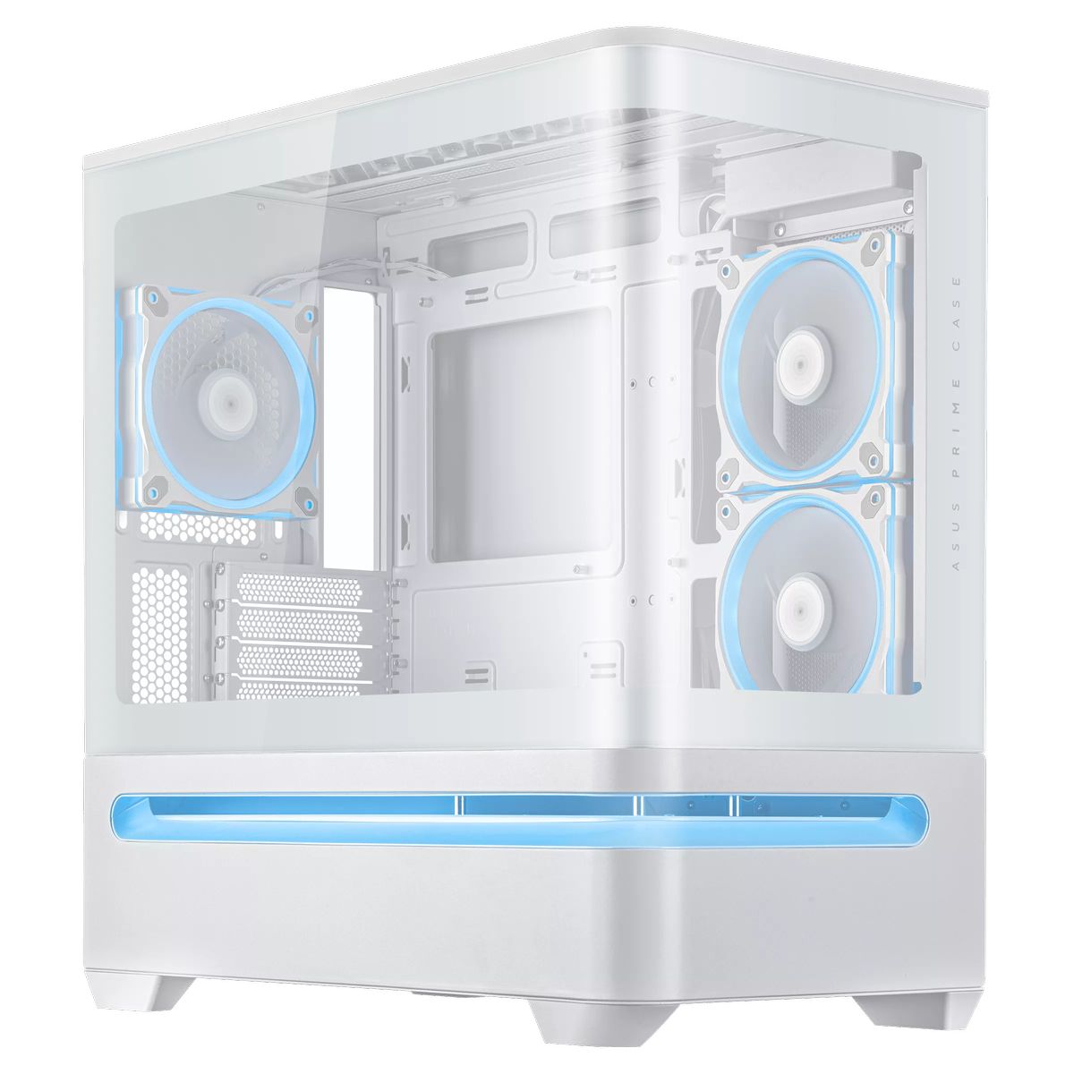ASUS Prime 90DC00P3-B19000 боковой вид с прозрачной панелью — видны компоненты и ARGB-вентиляторы