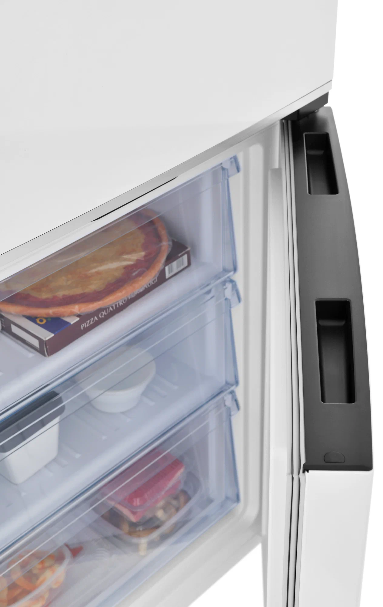 Beko B1RCSK402W белый холодильник боковой профиль открытая дверца видны полки с продуктами
