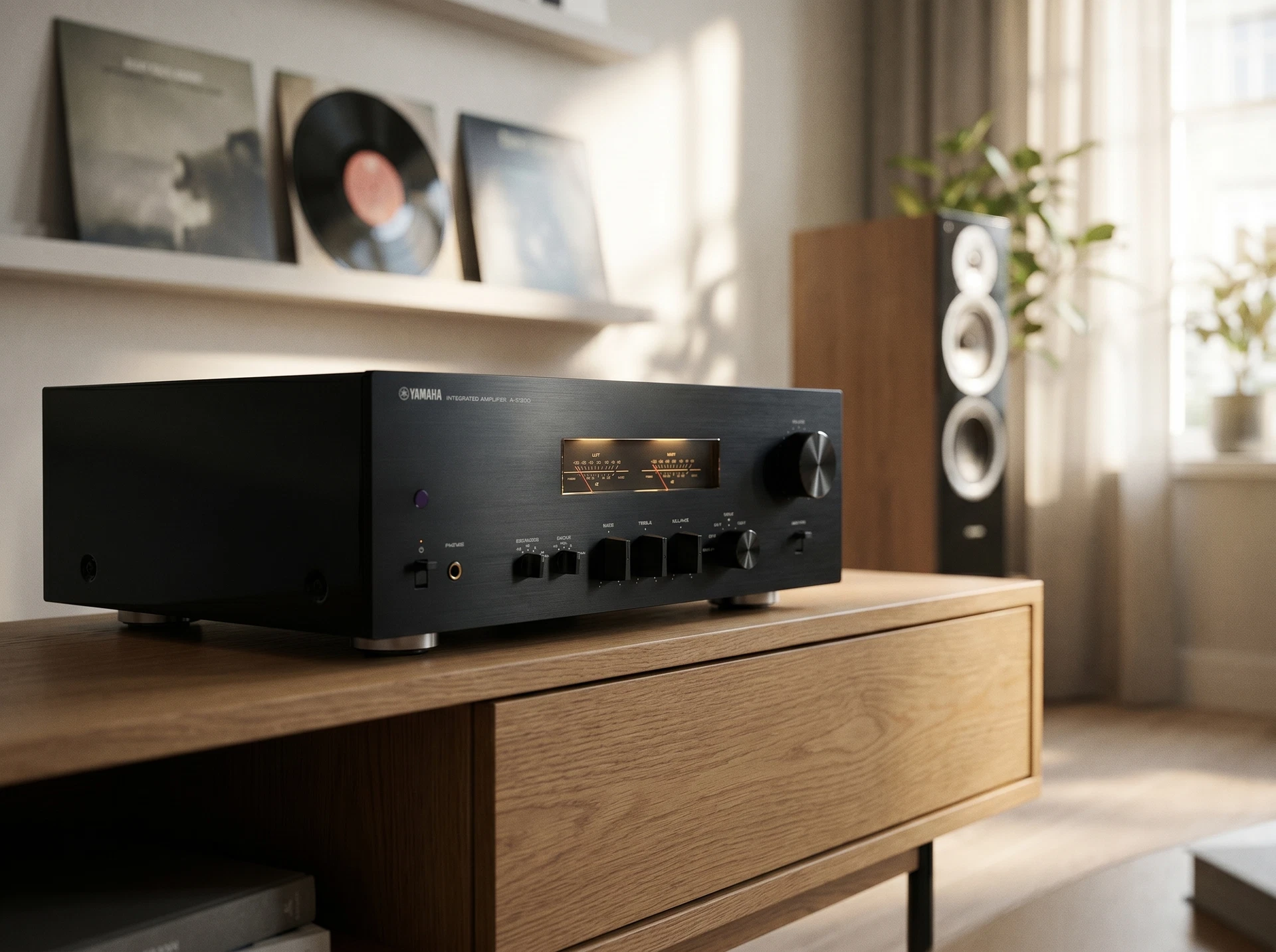 Yamaha A-S1200 Black в аудиоинтерьере &mdash; вид спереди со стрелочным индикатором