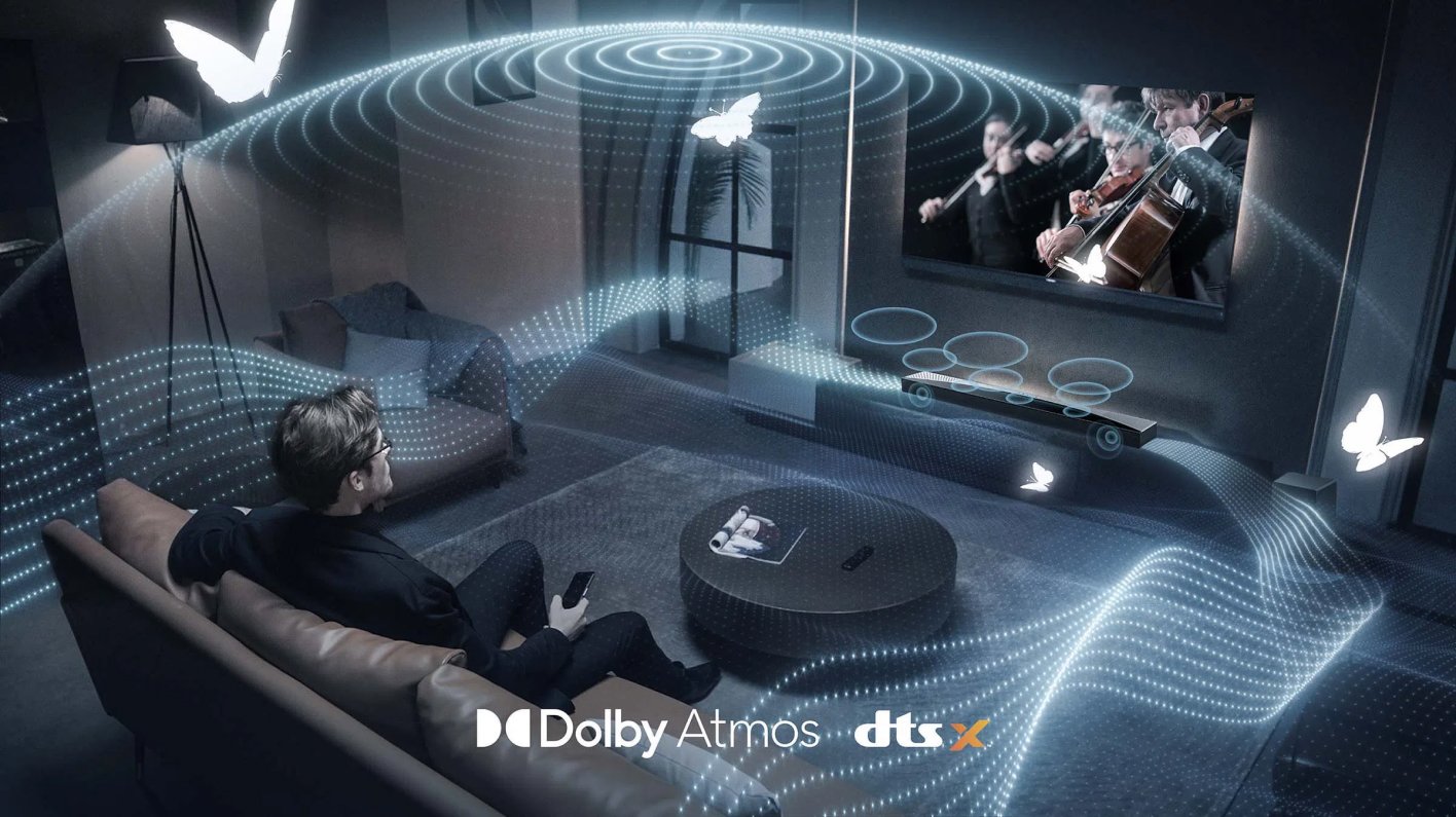 TCL Q75H с логотипами Dolby Atmos и DTS:X — демонстрация объёмного звука в домашнем кинотеатре
