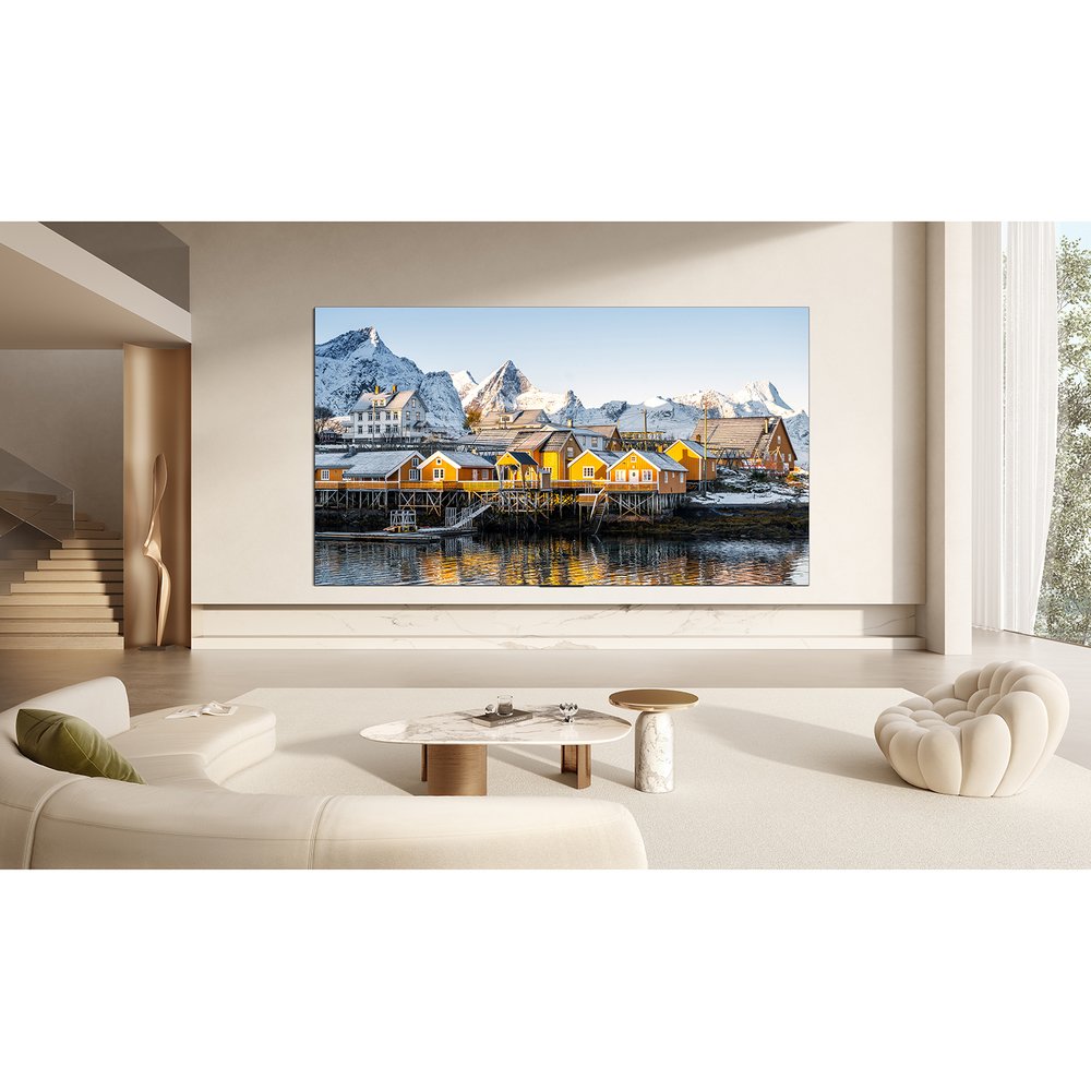 TCL 163X11L Micro LED демонстрация чёткости и цветопередачи — скандинавские домики на воде в интерьере