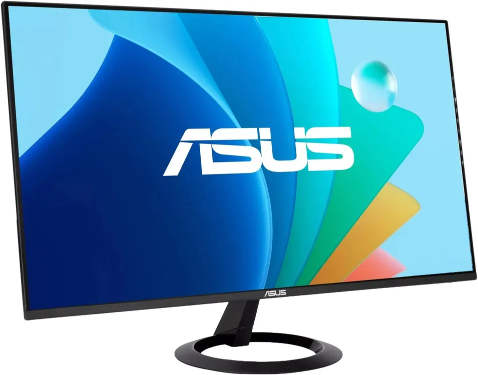 ASUS VZ249HG вид спереди под углом на подставке с круглым основанием, экран с логотипом ASUS