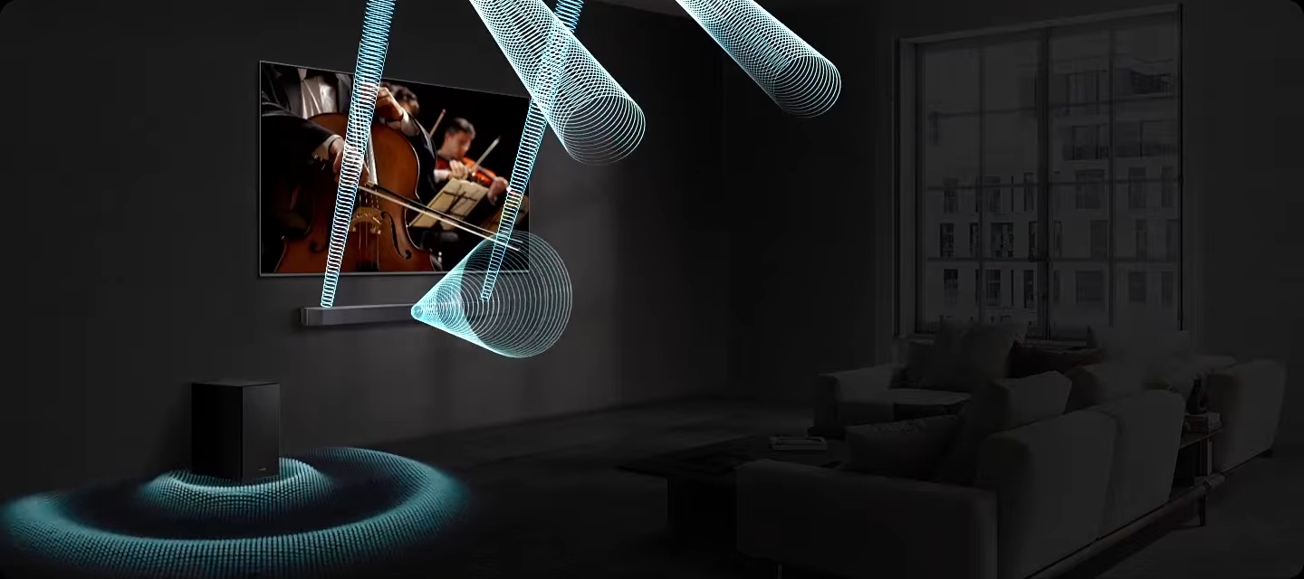 Samsung HW-Q600F 3.1.2 саундбар с восходящими каналами в интерьере гостиной