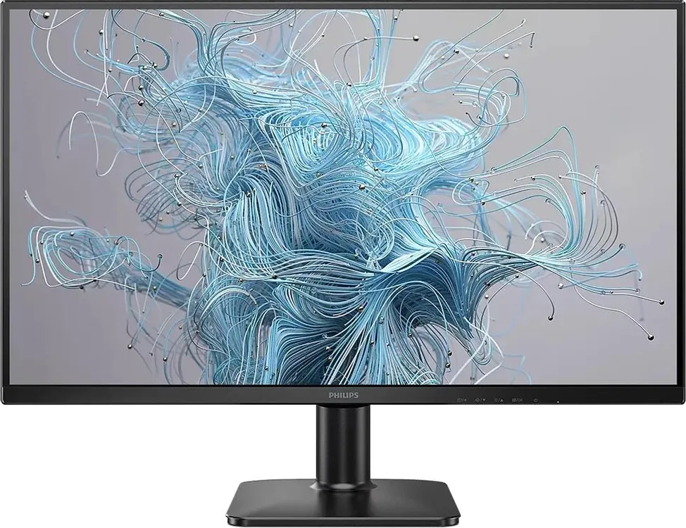Philips 27E2N1100L вид спереди на подставке с абстрактным контентом на экране