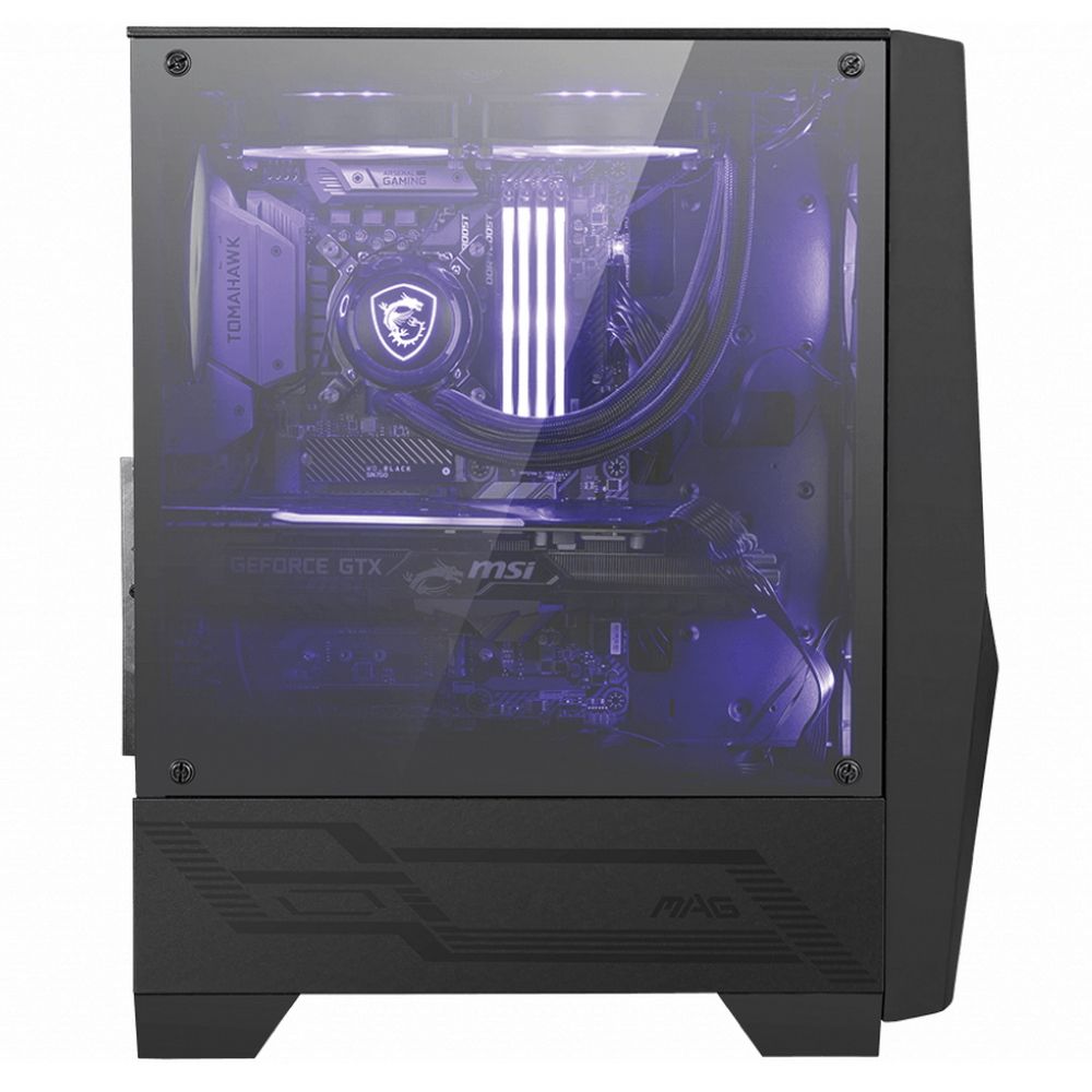 MSI MAG FORGE 100M внутренний вид через прозрачную панель с материнской платой MSI и RGB-подсветкой