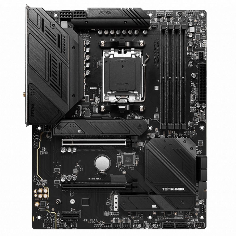 MSI MAG B650 Tomahawk WiFi вид сверху — сокет AM5, слоты DDR5, разъёмы питания и VRM
