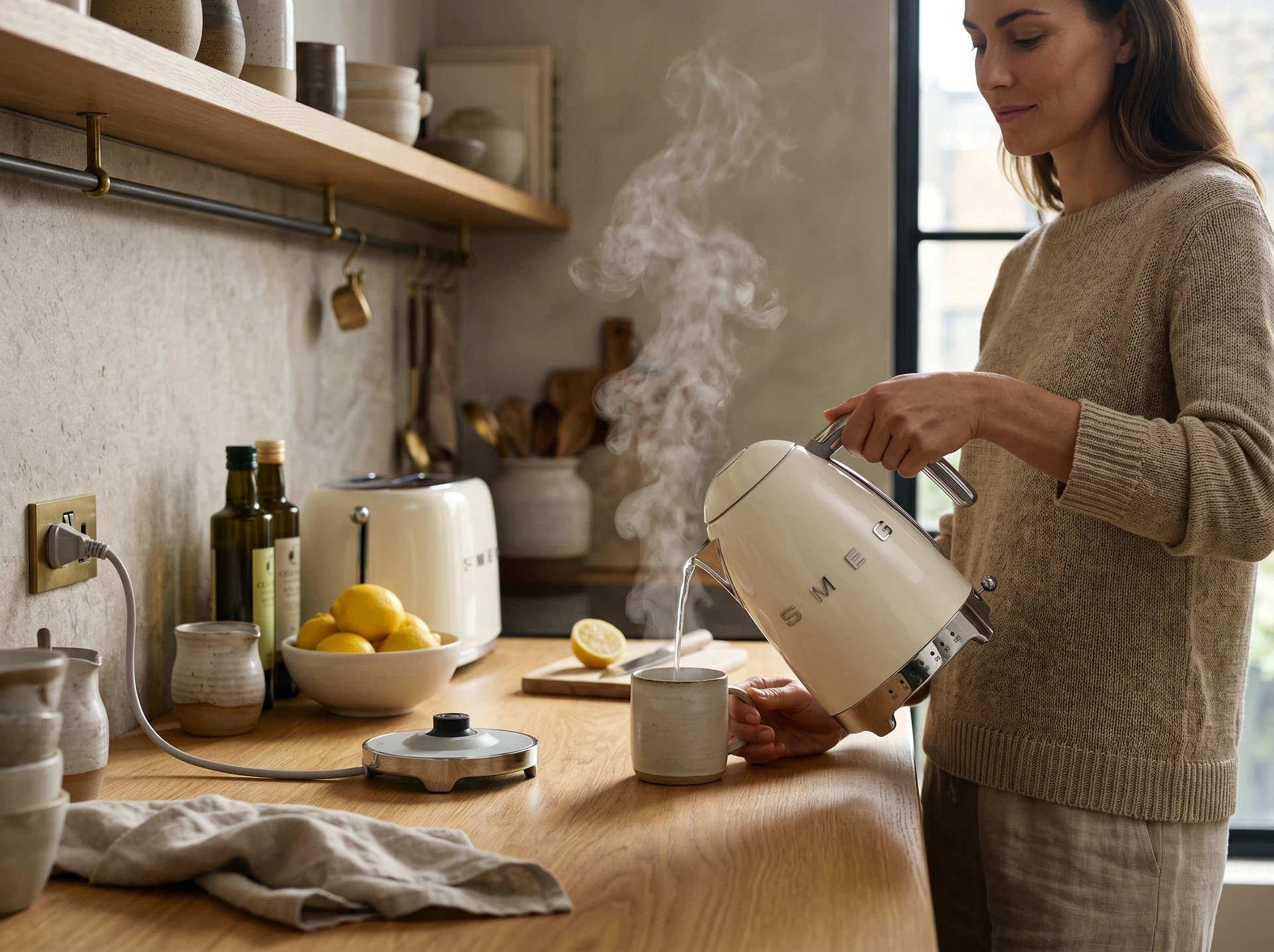 Smeg KLF04CREU бежевый в кухонном интерьере — ретро-серия 50s Style на столешнице