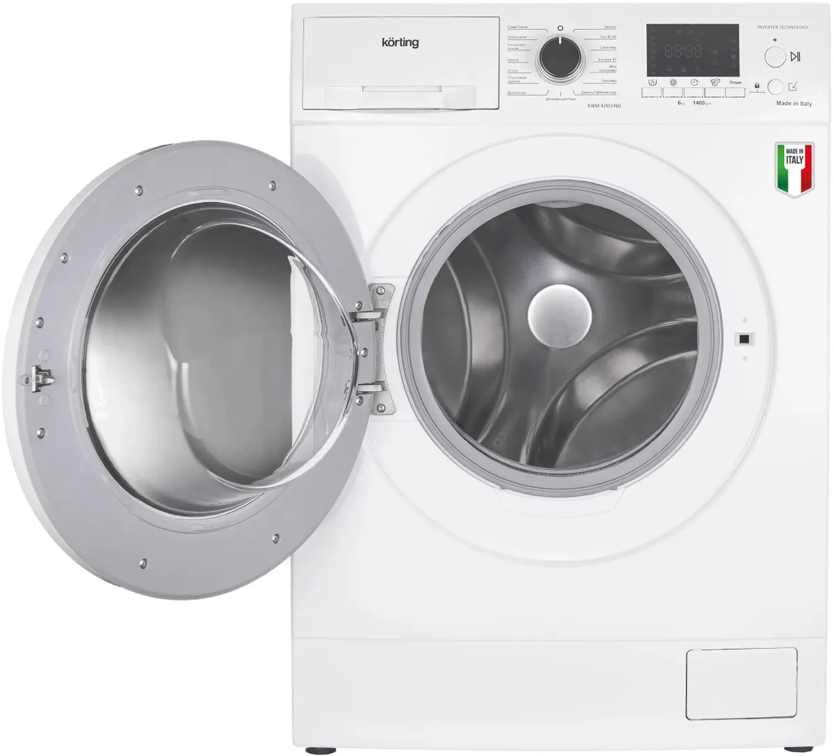 Korting KWM 42ID1460 вид спереди с открытым люком и панелью управления, Made in Italy