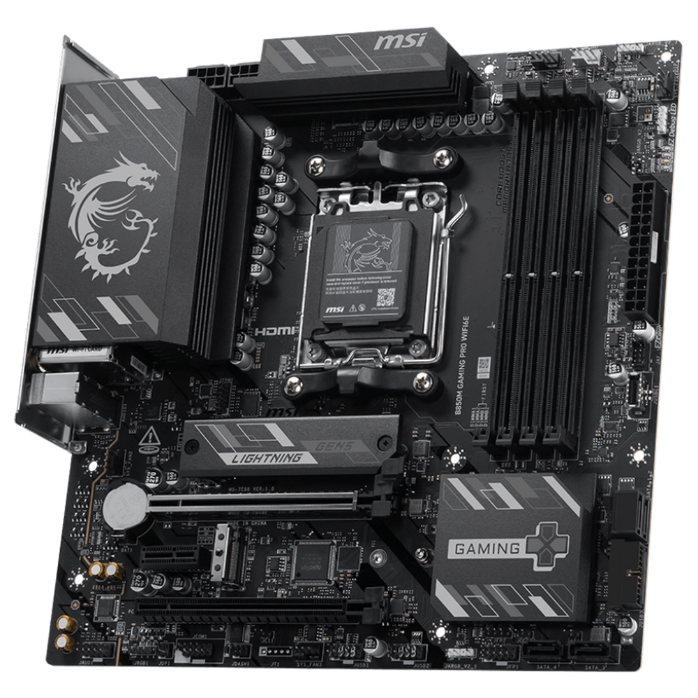 MSI B850M Gaming Pro WiFi6E перспективный вид — радиатор CPU, слоты DDR5, компоновка компонентов mATX