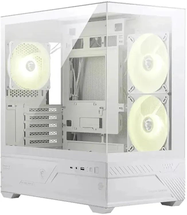 MSI MAG PANO M110R угловая перспектива белый корпус три ARGB-вентилятора панорамное остекление