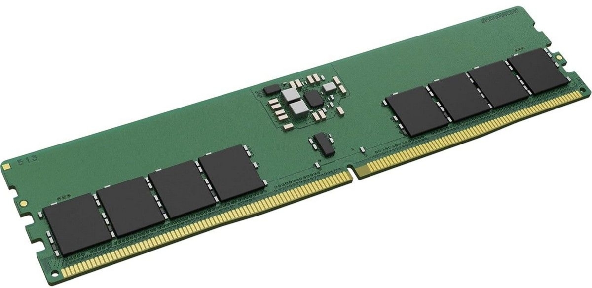 Kingston KVR64A52BD8-32 DDR5 32 ГБ модуль памяти под углом, зелёная плата, чёрные микросхемы, золотистые контакты