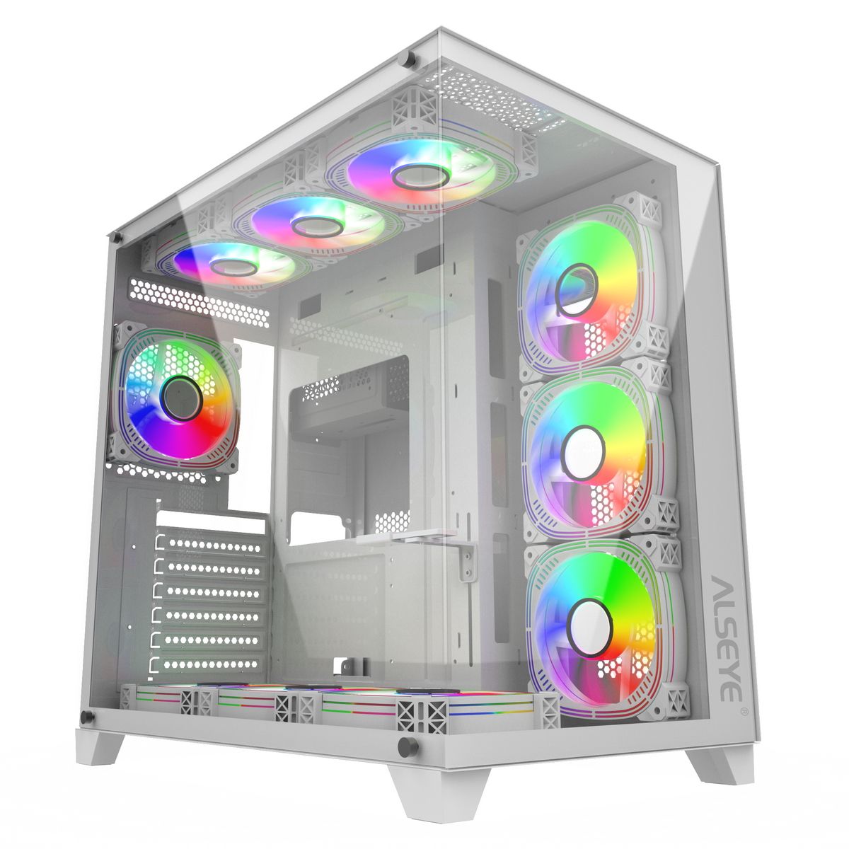 Alseye Paladin-W вид в перспективе с открытой боковой панелью и RGB вентиляторами