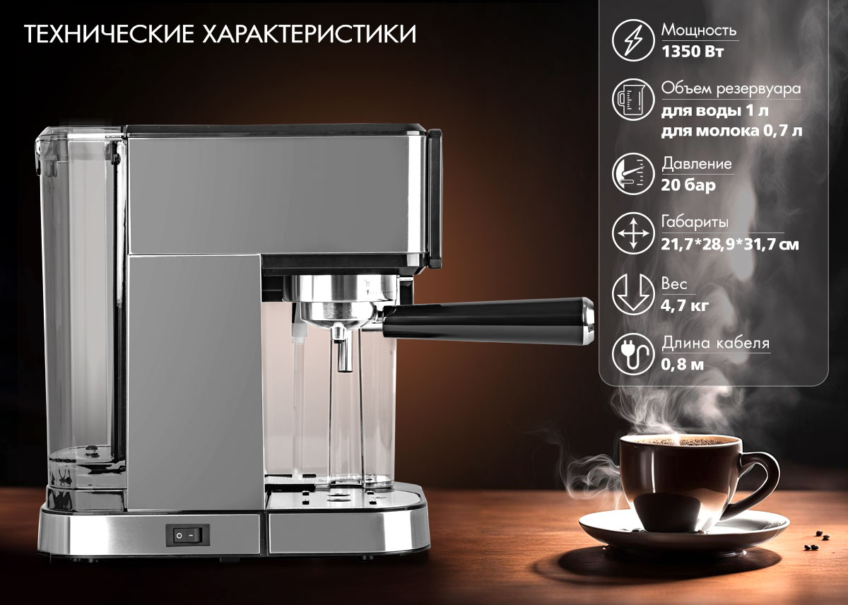 Tuarex TK-1265 боковой вид — прозрачный резервуар для воды и молока, технические характеристики
