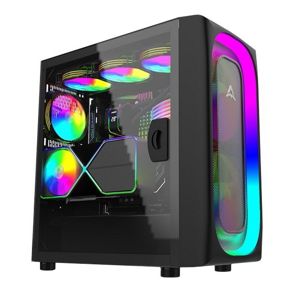 Alseye Ai AS.07.0237 вид спереди и сбоку с открытой боковой панелью и RGB-подсветкой вентиляторов