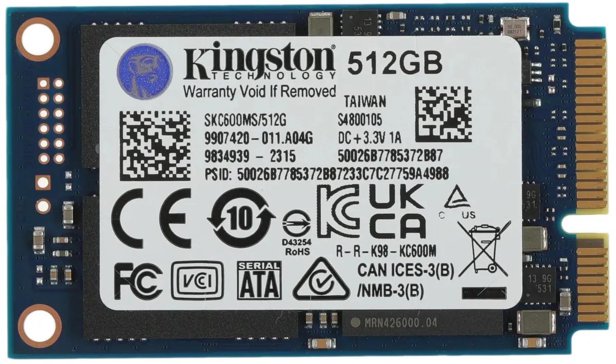 Kingston SKC600MS/512G 512 ГБ mSATA SSD — этикетка с характеристиками и сертификационные логотипы