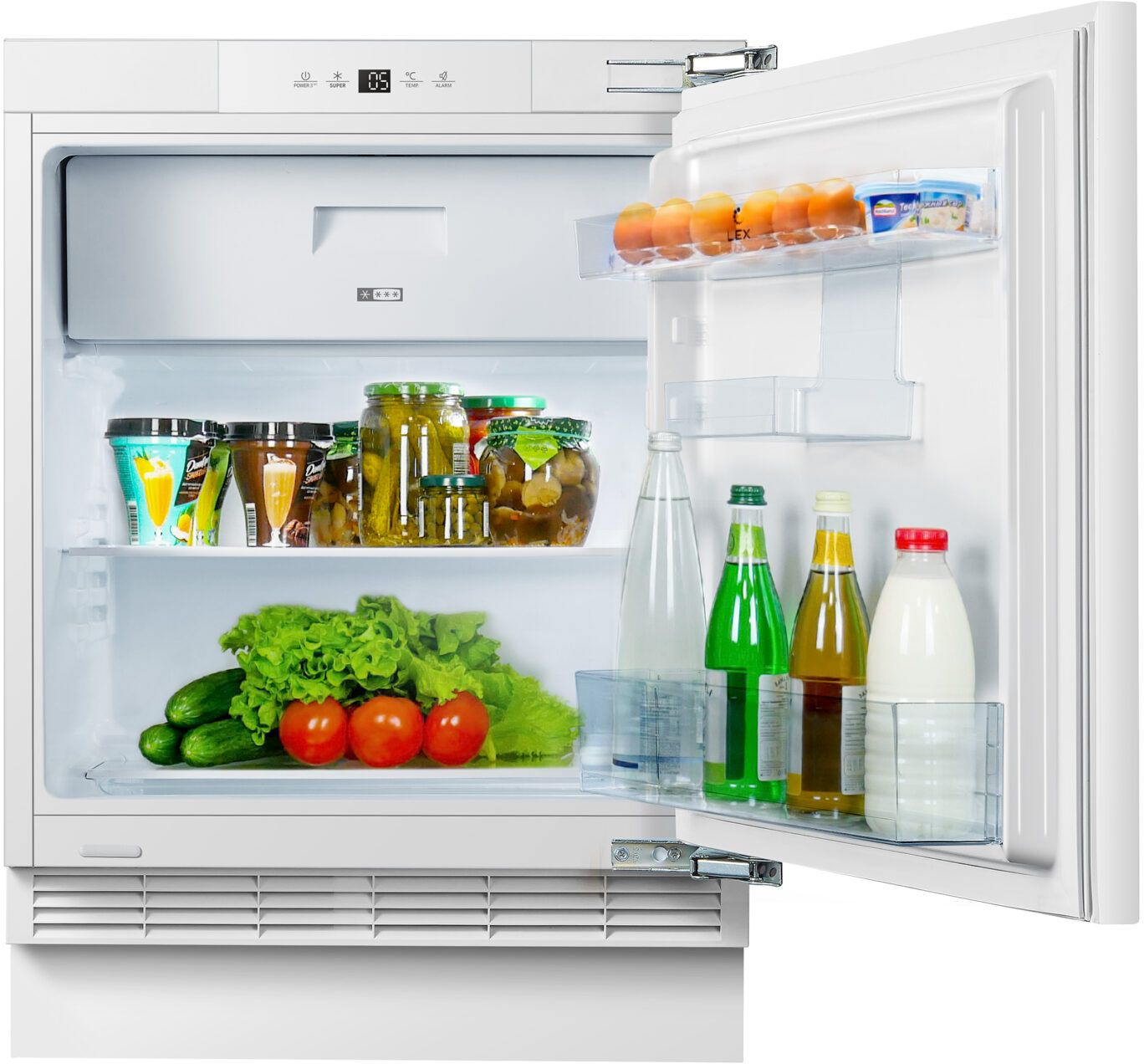 LEX RBI 103 DF встраиваемый холодильник открытая дверца — полки с продуктами и сенсорная панель управления