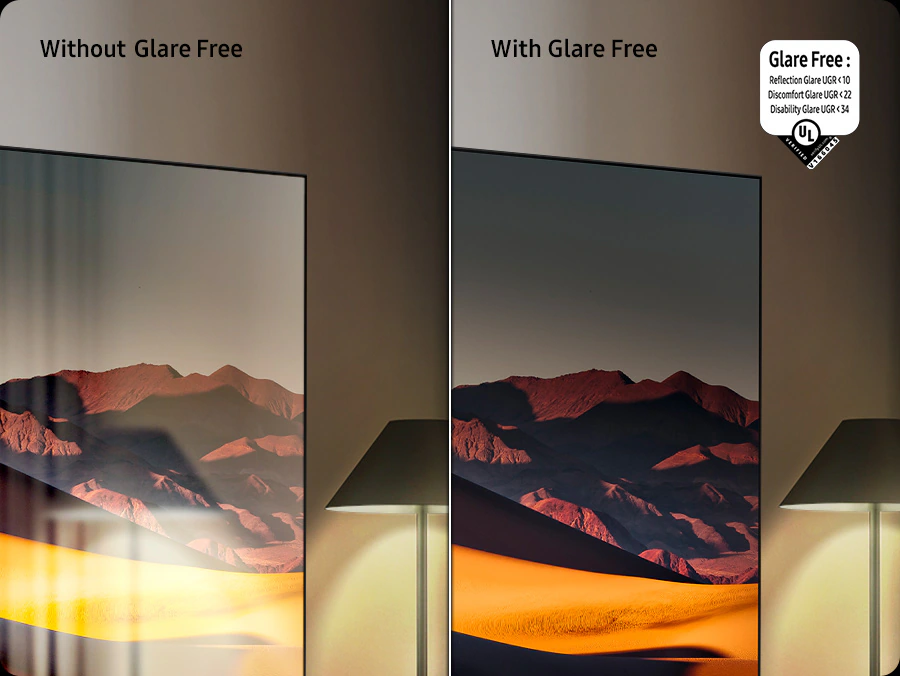 Samsung MRE75R95H Glare Free — сертификат UL Verified, UGR меньше 10, сравнение экранов с антибликовым покрытием и без