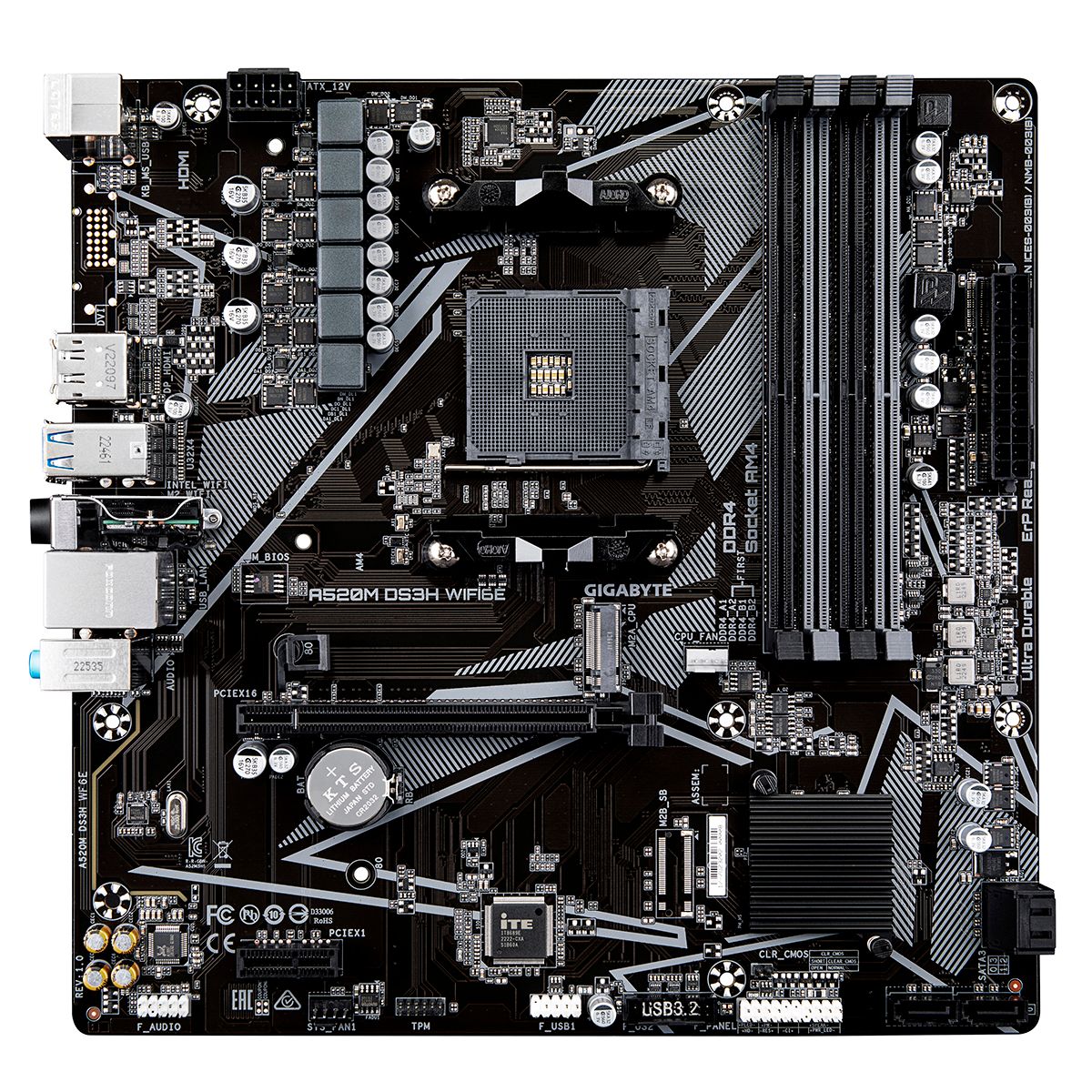 Gigabyte A520M DS3H WF6E вид сверху — сокет AM4, слоты DDR4, разъёмы M.2 и SATA