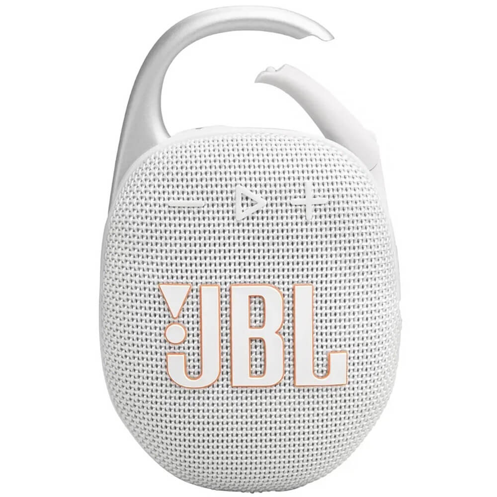 JBL Clip 5 White вид спереди — белый корпус, карабин и защитная решётка