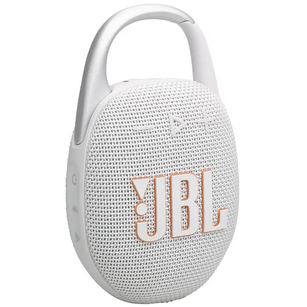 JBL Clip 5 White боковая панель — кнопки управления и карабин для крепления