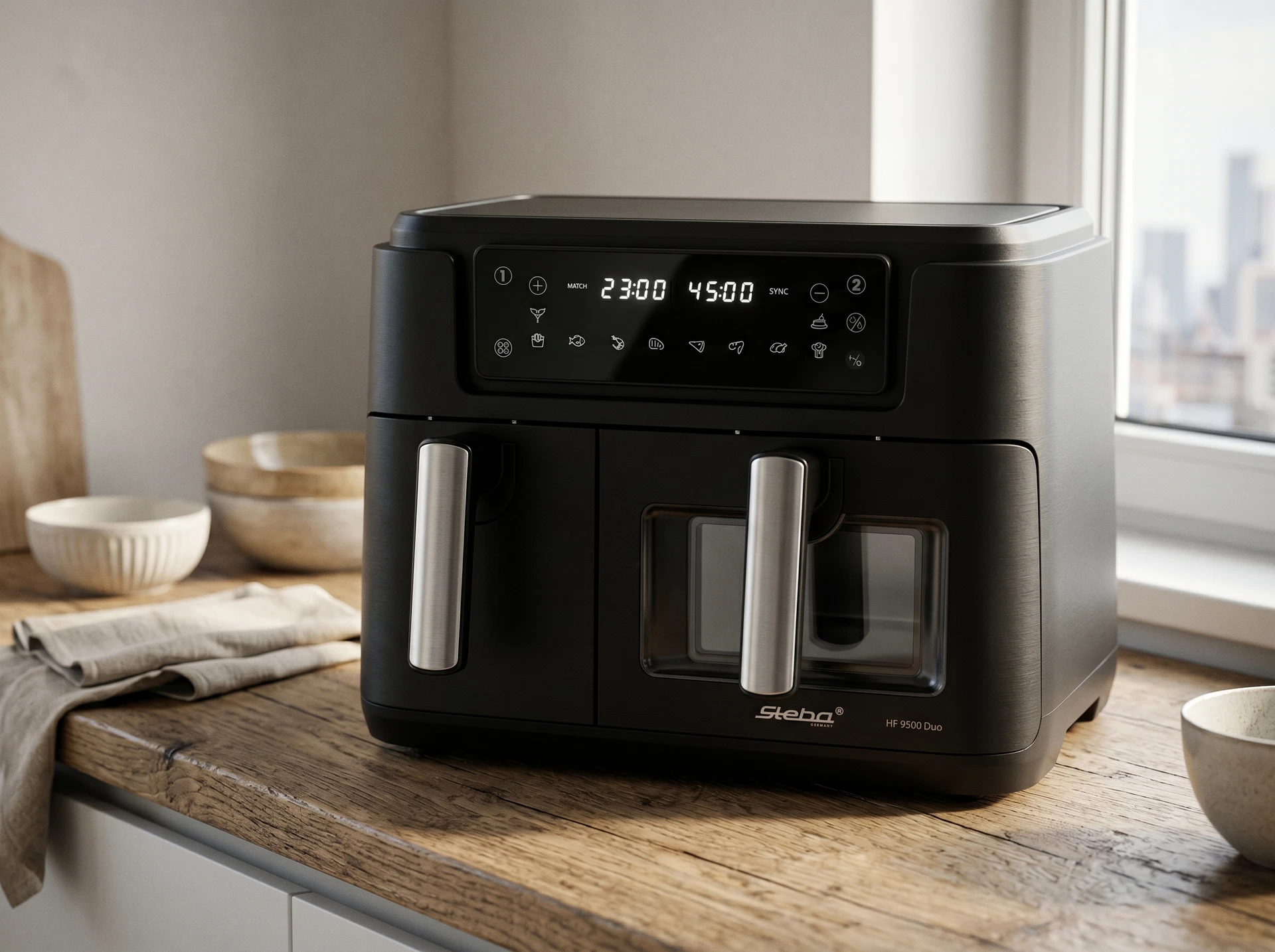 Steba HF 9500 Duo аэрогриль в интерьере кухни — готовка двух блюд одновременно