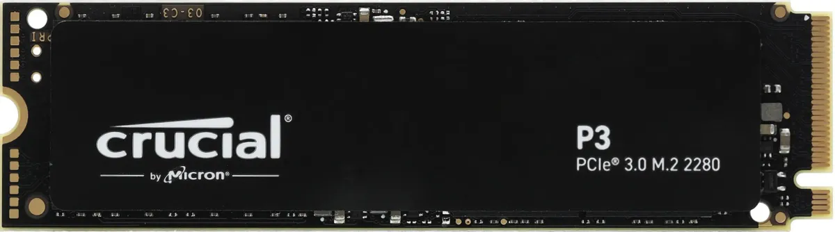 Crucial P3 CT2000P3SSD8 2TB M.2 2280 NVMe вид сверху чёрный корпус золотые контакты