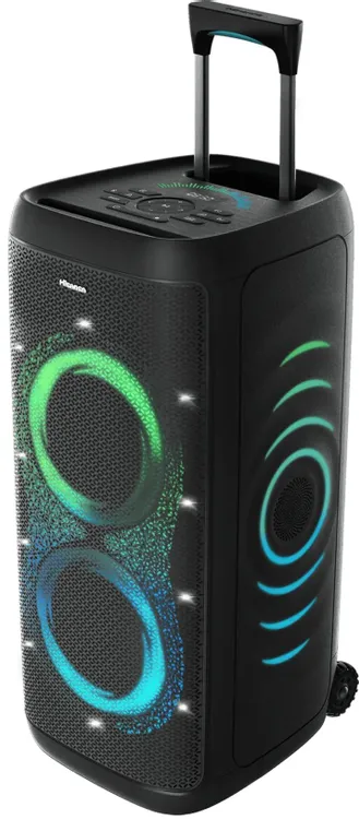 Hisense Party Thunder 620W полный вид с ручкой и колёсами — мобильность и RGB-подсветка