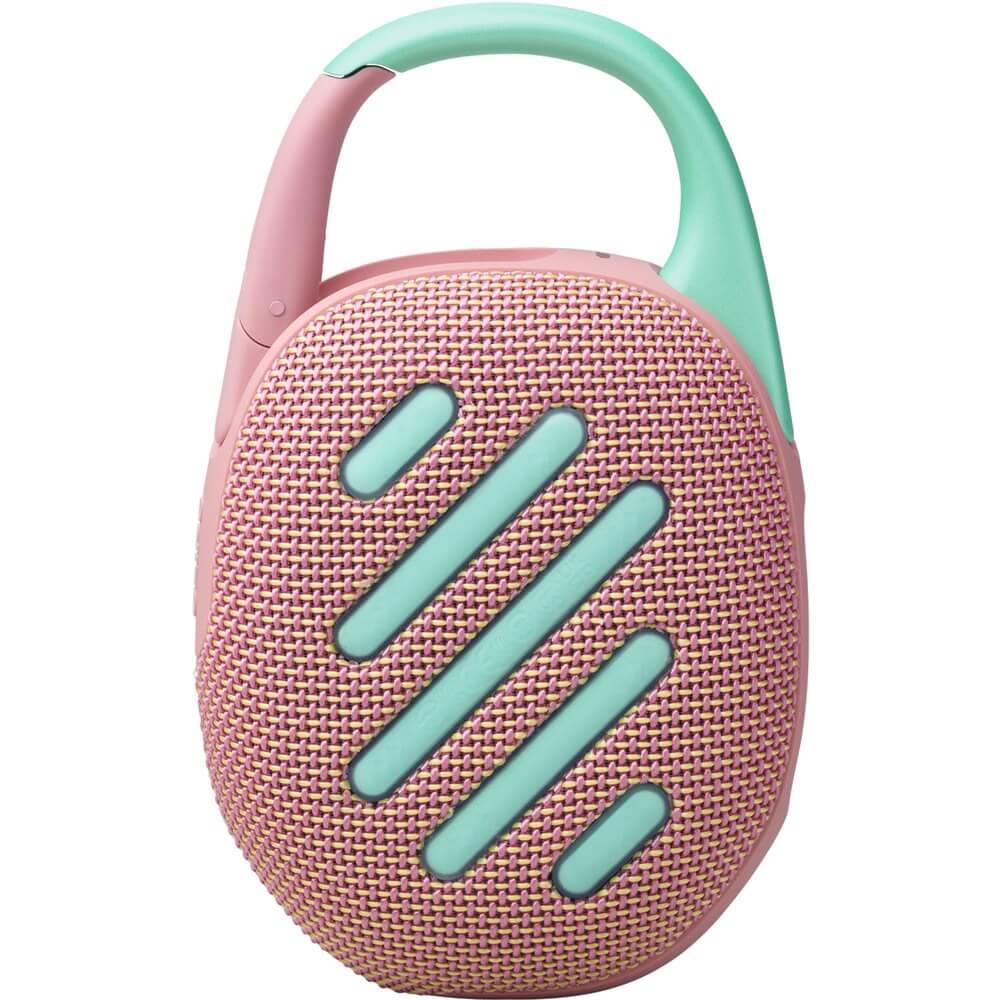 JBL Clip 5 Pink вид сзади диагональная решётка динамика мятные акценты