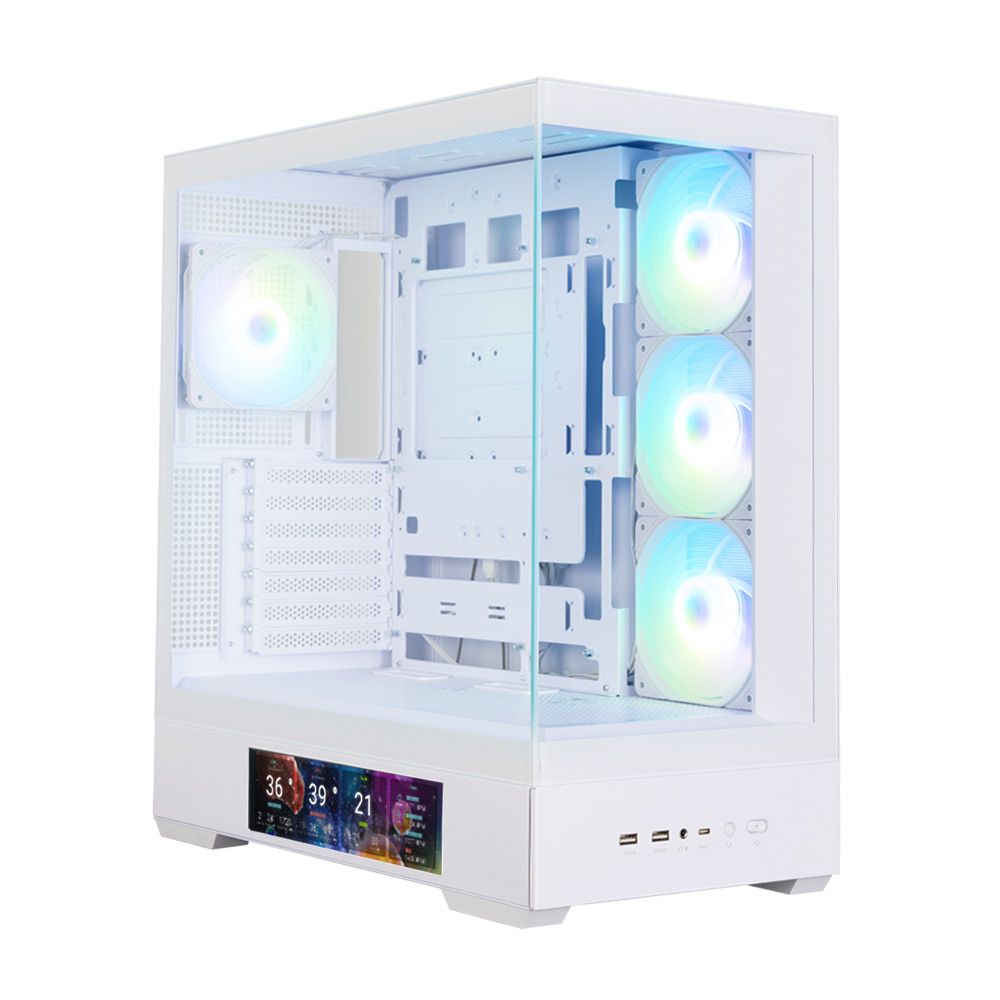 Zalman P40 DS White вид спереди и сбоку с тремя ARGB-вентиляторами и LCD-дисплеем на фронтальной панели