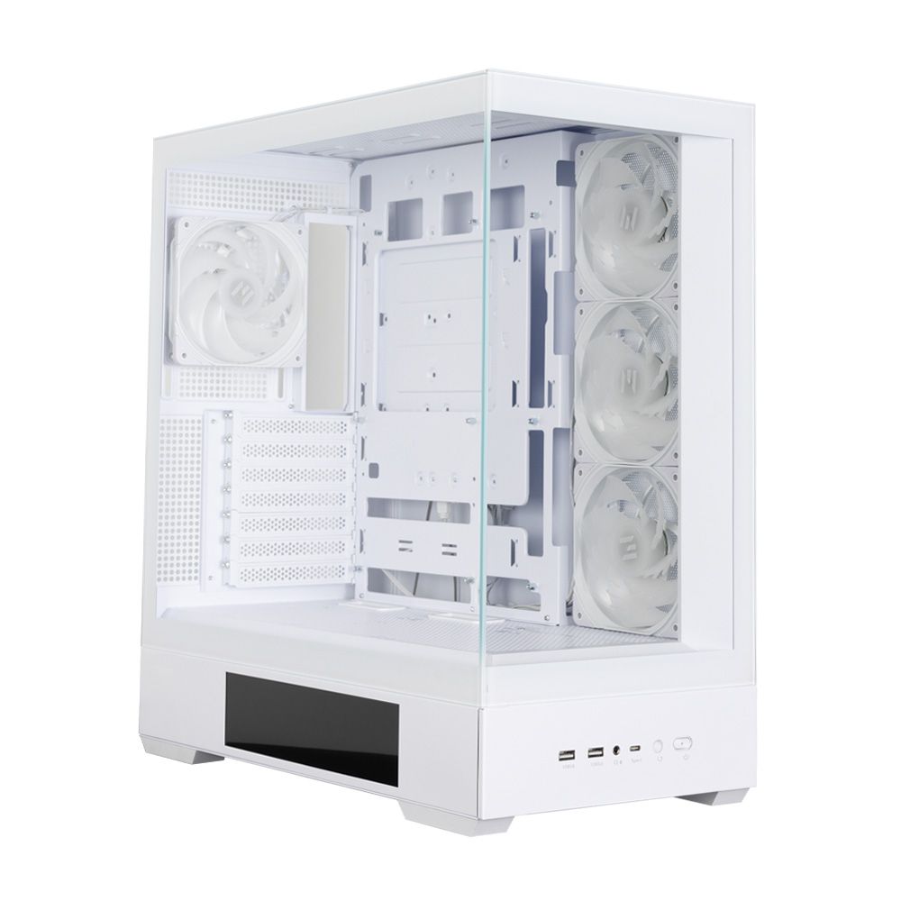 Zalman P40 DS White вид спереди и сбоку с четырьмя белыми ARGB-вентиляторами и LCD-дисплеем — компактная конфигурация охлаждения