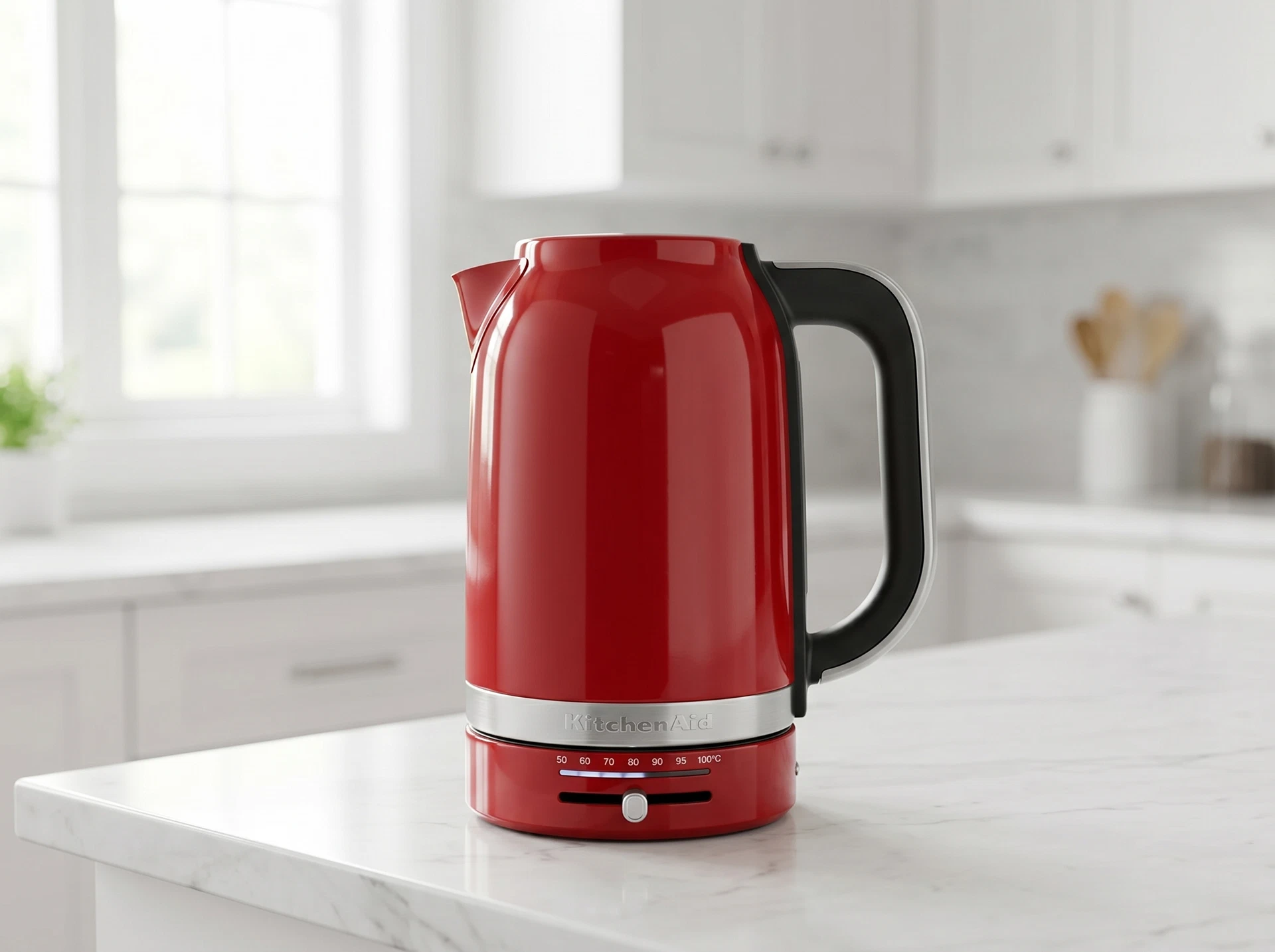 KitchenAid 5KEK1701EER красный чайник на кухонной столешнице в интерьере