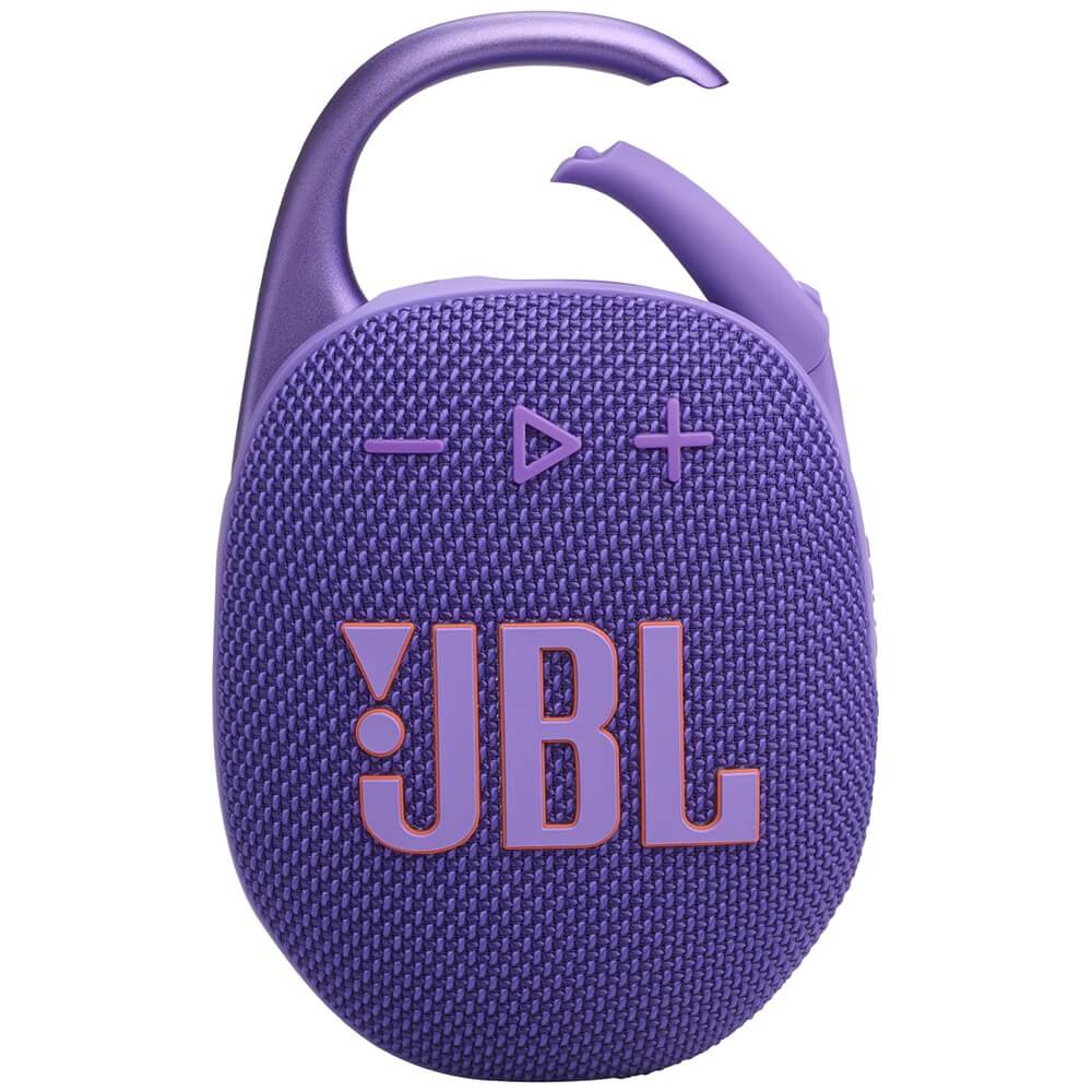 JBL Clip 5 Purple вид спереди — фиолетовый корпус, логотип JBL, кнопки управления