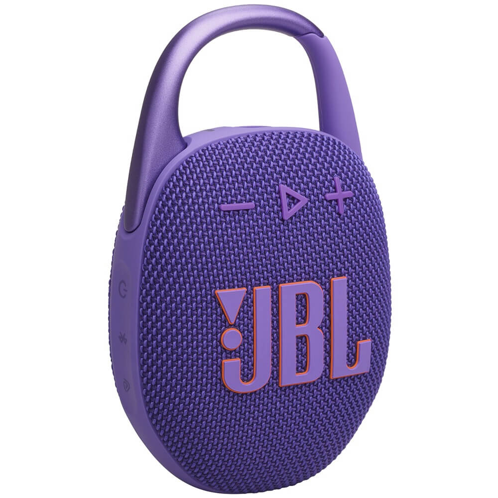 JBL Clip 5 Purple боковой вид — карабин для крепления, тканевое покрытие, кнопки управления