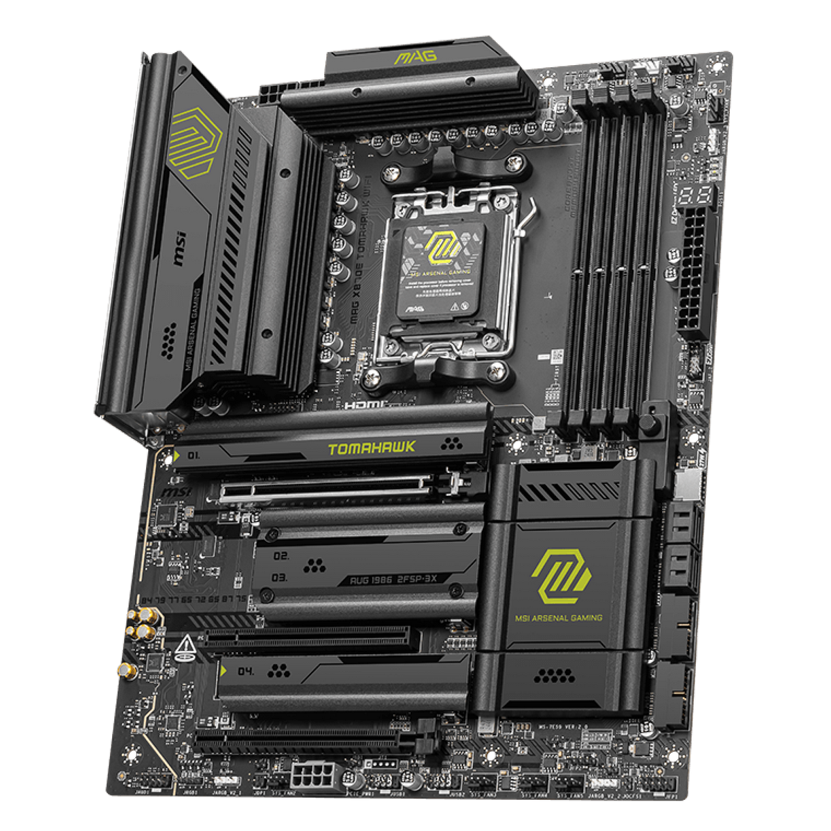 MSI MAG X870E Tomahawk WiFi вид спереди — слоты PCIe, сокет AM5, разъёмы DDR5 и задняя панель с USB4 и HDMI