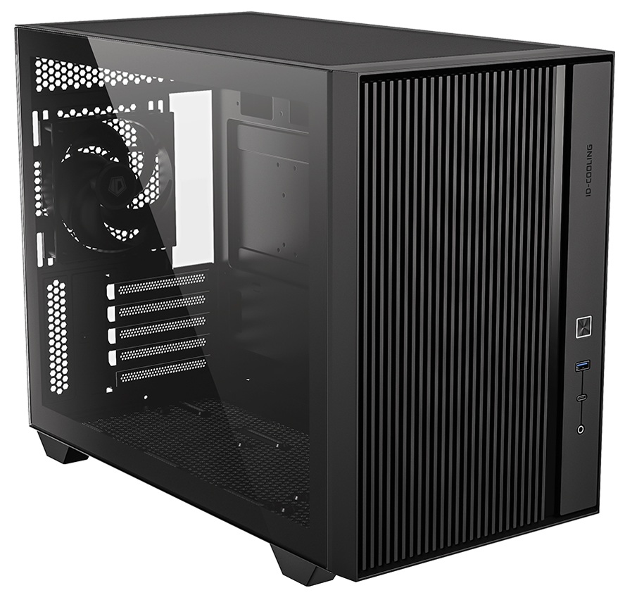ID-Cooling FLOW 500 AIR вид сбоку с открытой боковой панелью, внутренняя компоновка с вентилятором и материнской платой