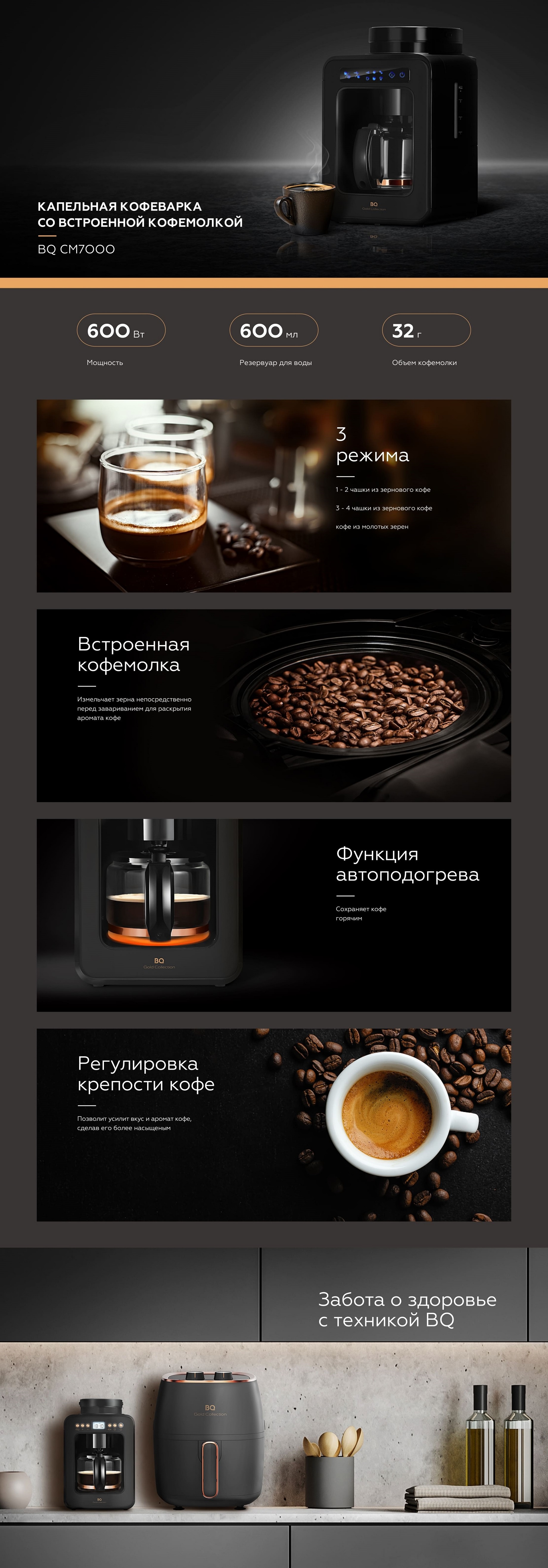 BQ CM7000 капельная кофеварка со встроенной кофемолкой &mdash; общий вид и функции