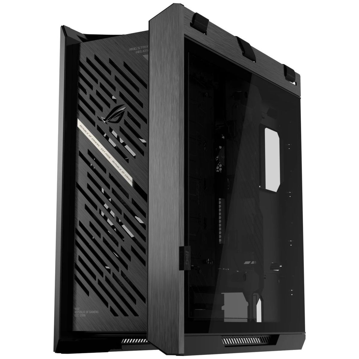 ASUS ROG Strix Helios II — внутреннее пространство с открытыми боковыми панелями, система охлаждения и монтажные кронштейны
