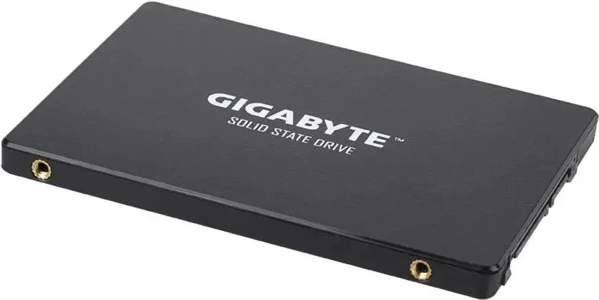 GIGABYTE GP-GSTFS31480GNTD — боковой профиль, золотистые SATA-коннекторы, тонкий корпус 7 мм